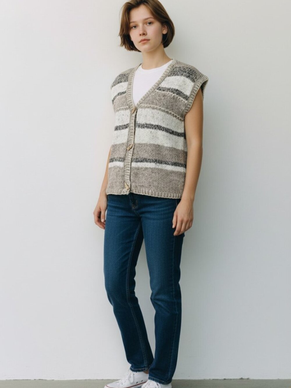 Vintage Sweater Vest Womens L Beige Wool Blend Faux Horn Toggle Grandpacore Boho